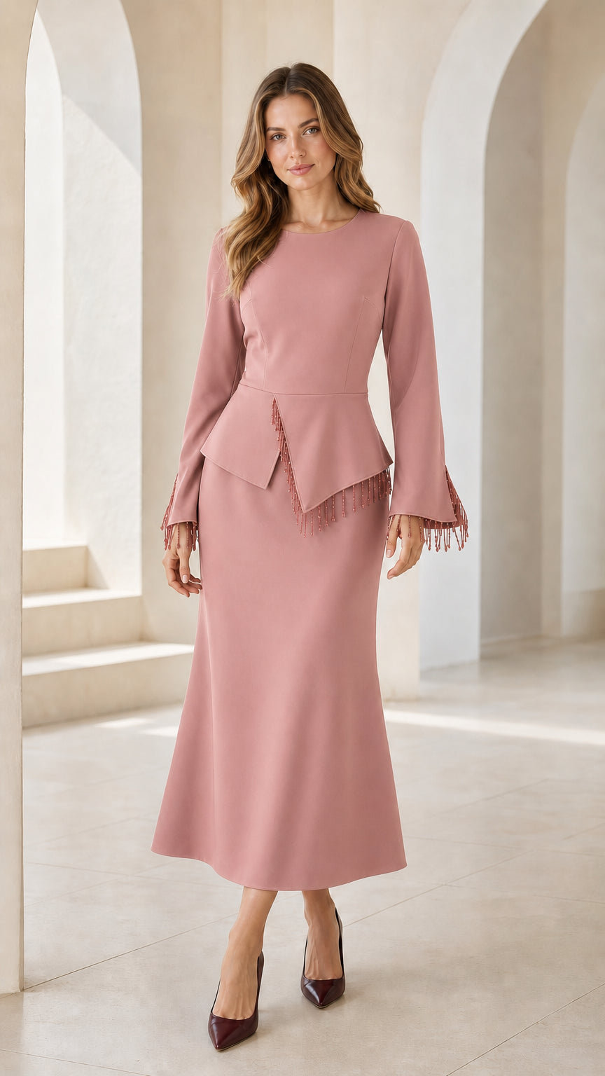 Dusty rose pink peplum midi formal dress with long bell sleeves