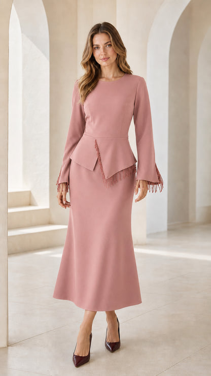 Dusty rose pink peplum midi formal dress with long bell sleeves