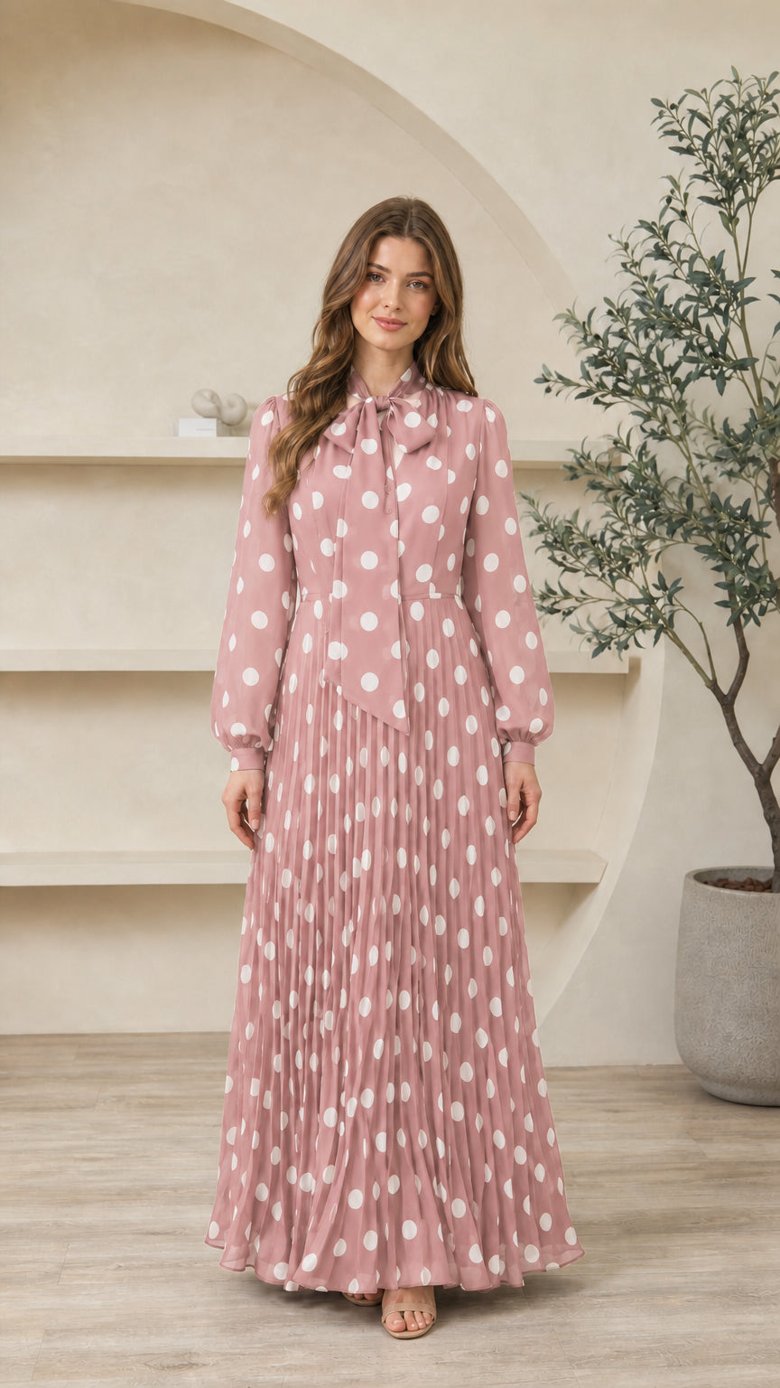 Model wearing dusty pink polka dot long sleeve tie-neck pleated maxi dress