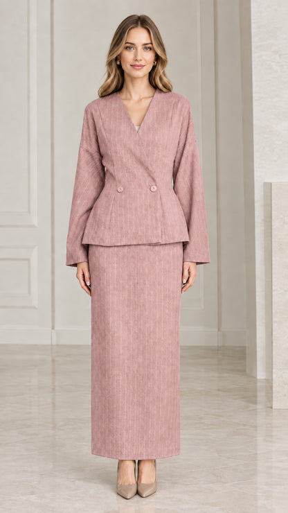 Dusty rose pink pinstripe formal peplum blazer and maxi skirt set