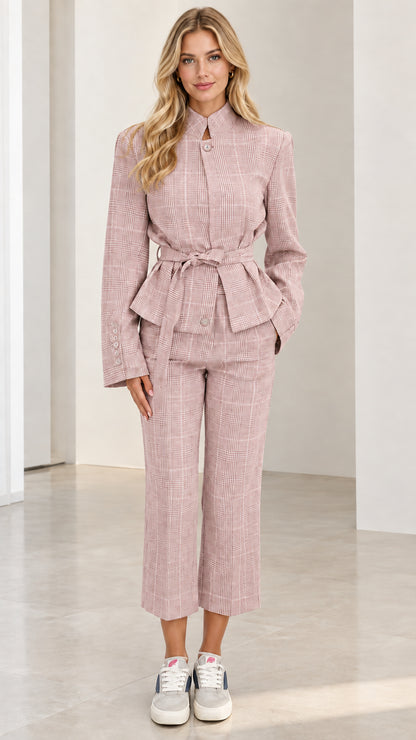 Full front view of Dusty Pink plaid belted peplum jacket and pant set