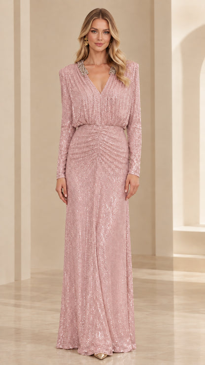 Blush pink long sleeve sequin formal gown with ruched waistline