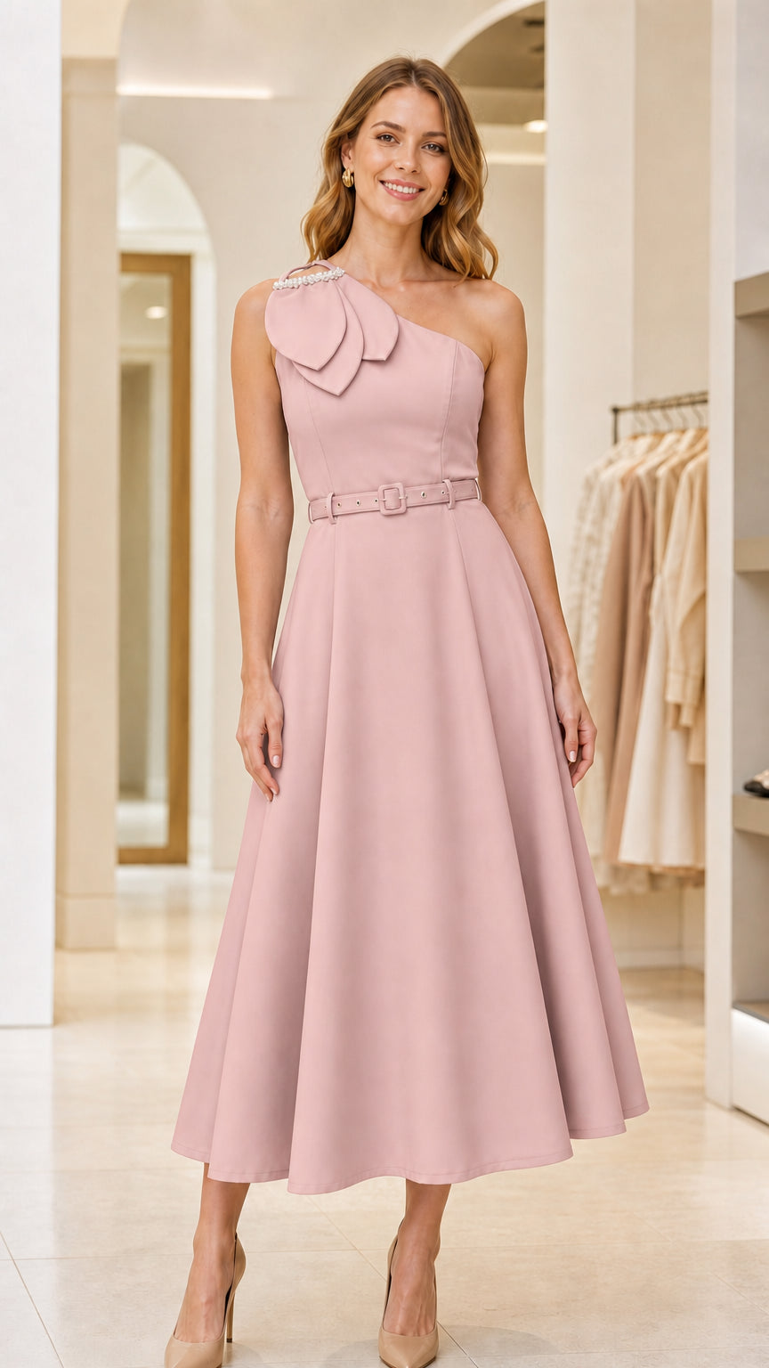 Model wearing pink one-shoulder midi dress with belt
