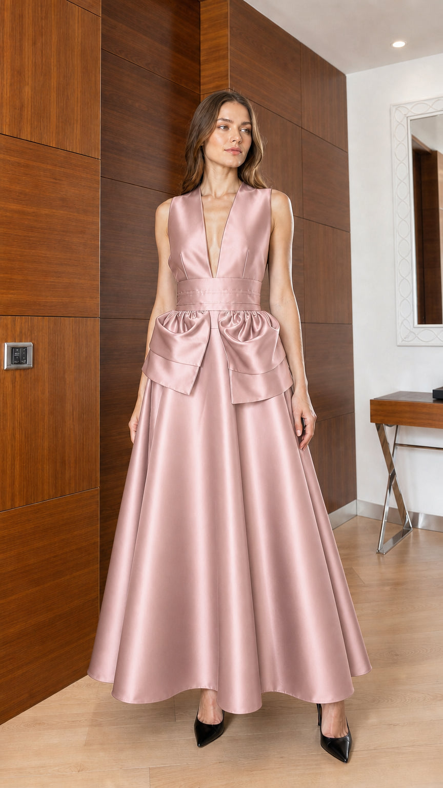 Front view of pink satin maxi dress with waist bow
