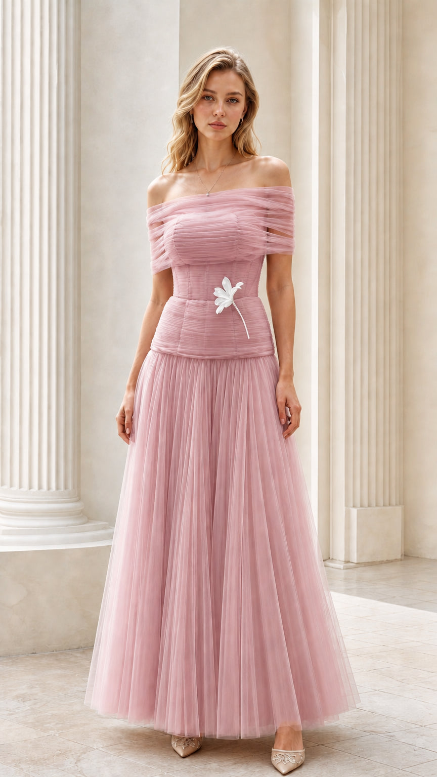 Full-length dusty pink off-the-shoulder tulle formal gown
