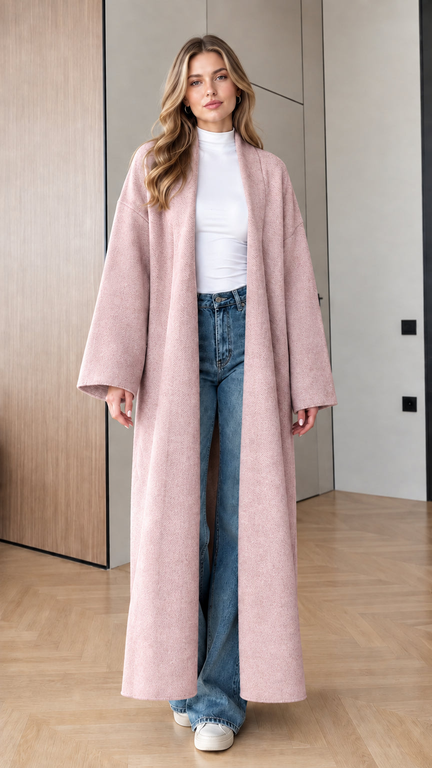 Model wearing Dusty Pink open-front longline maxi coat