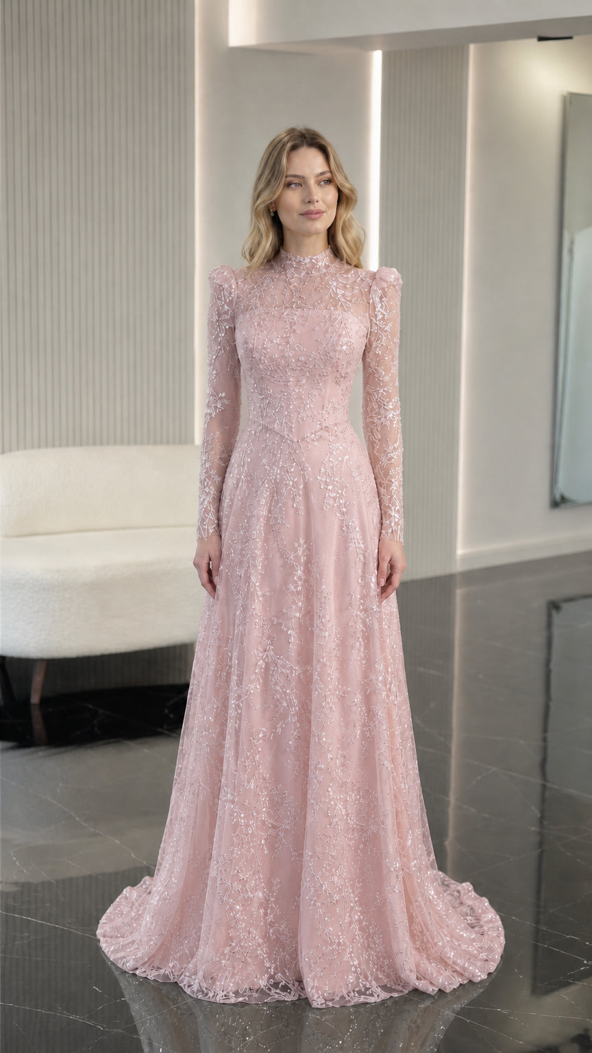 Blush pink sequin embroidered long sleeve formal gown