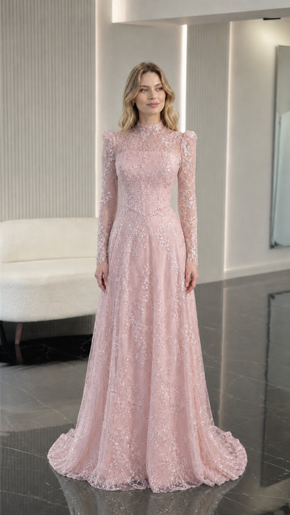 Blush pink sequin embroidered long sleeve formal gown