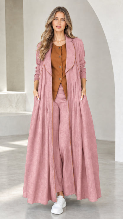Front view of model wearing Dusty Rose pleated maxi duster coat