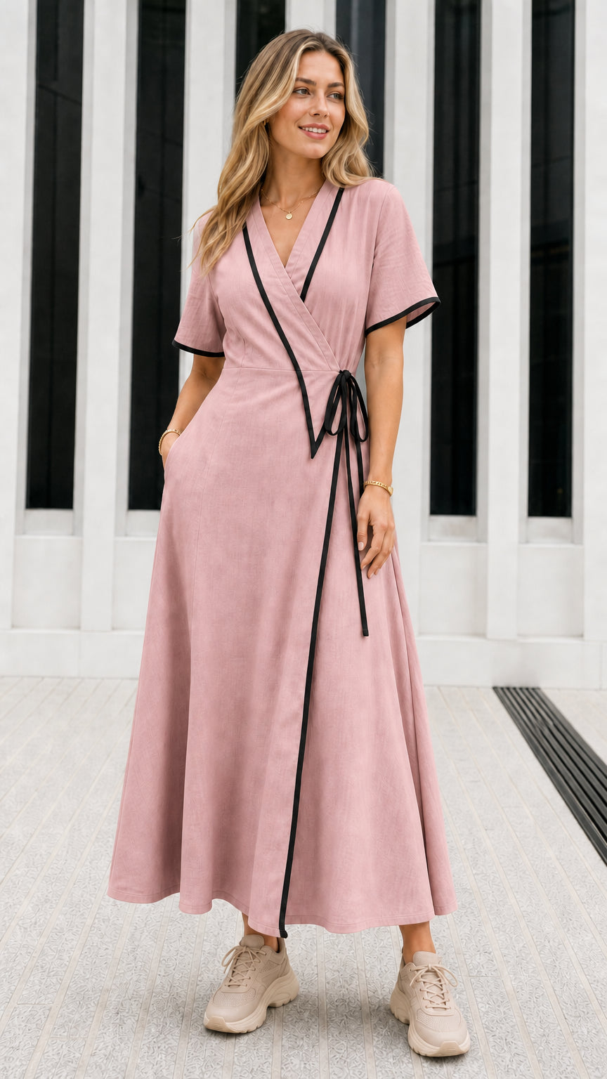 Model wearing Dusty Pink wrap maxi dress with black contrast trim