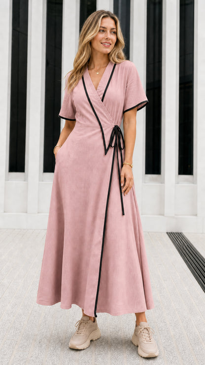 Model wearing Dusty Pink wrap maxi dress with black contrast trim