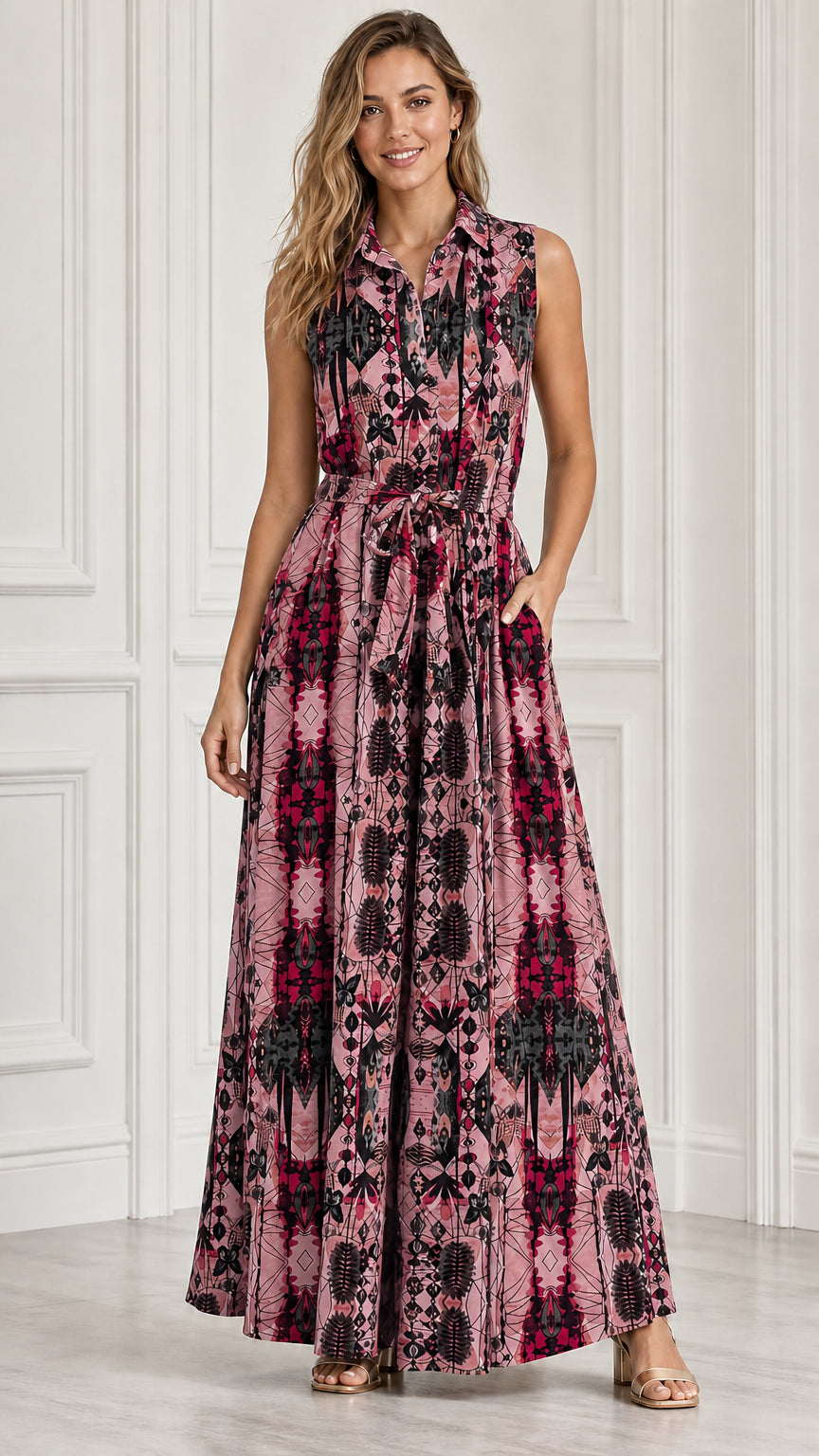 Front view of model wearing dusty pink geometric print sleeveless maxi dress