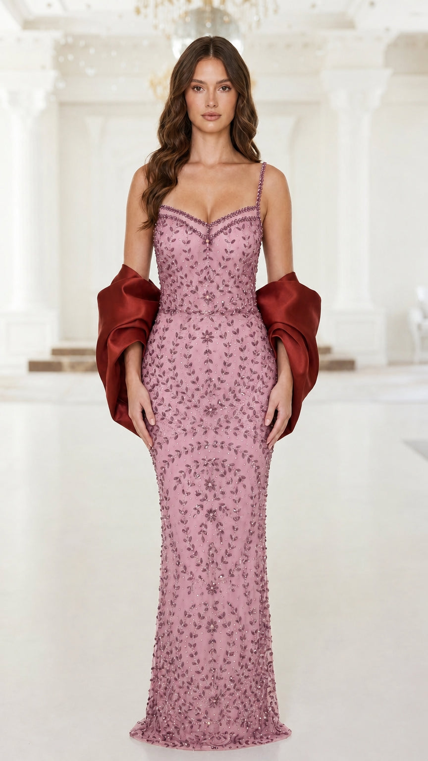 Front view of pink beaded evening dress