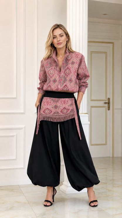 Front view of dusty rose geometric pattern blouse and black balloon pants two-piece set