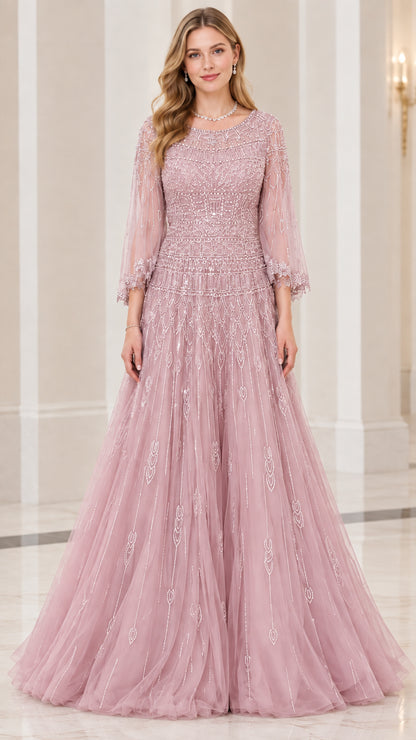 Front view of dusty rose pink embellished tulle formal evening gown