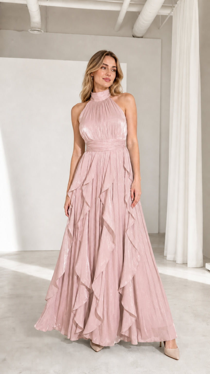 Front view of model wearing pink high-neck pleated ruffle maxi dress