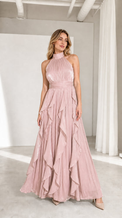 Front view of model wearing pink high-neck pleated ruffle maxi dress