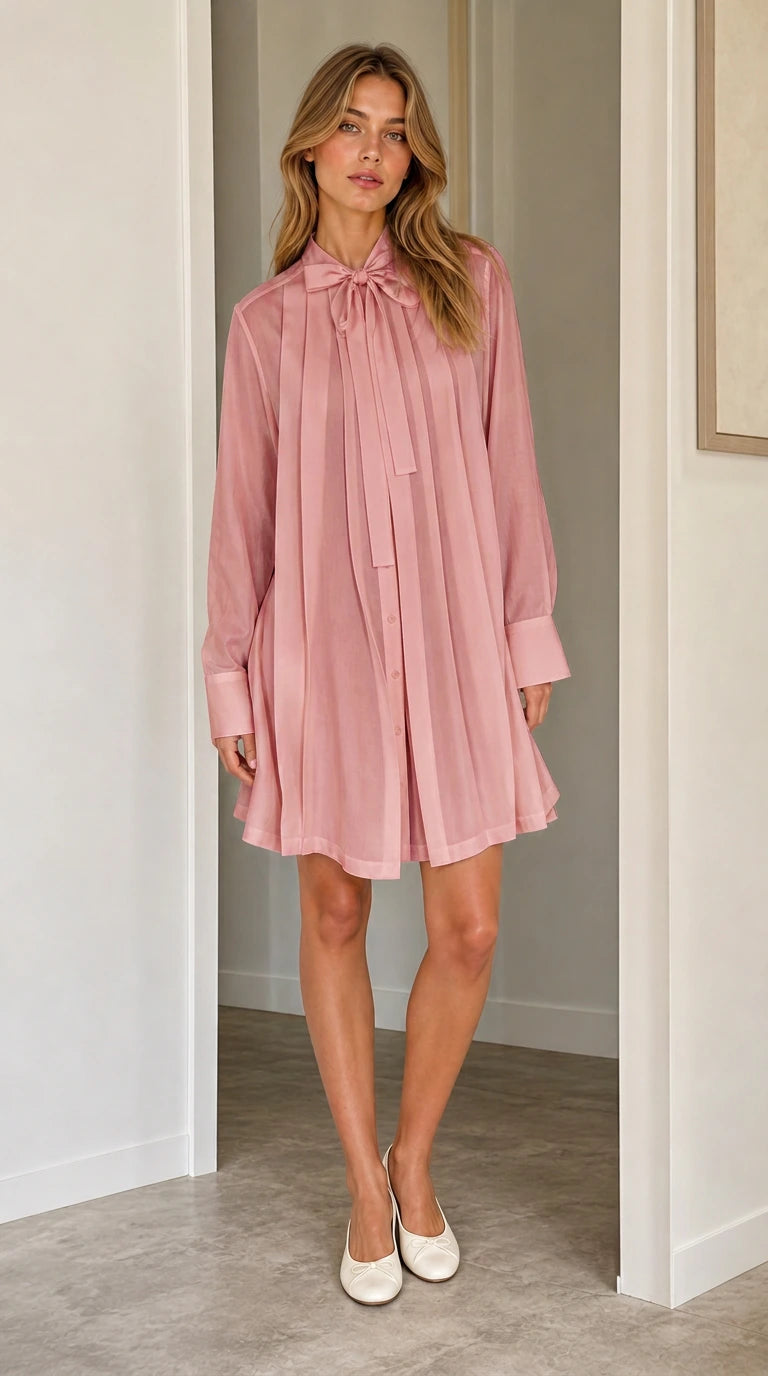 Front full view of pink pleated shift dress