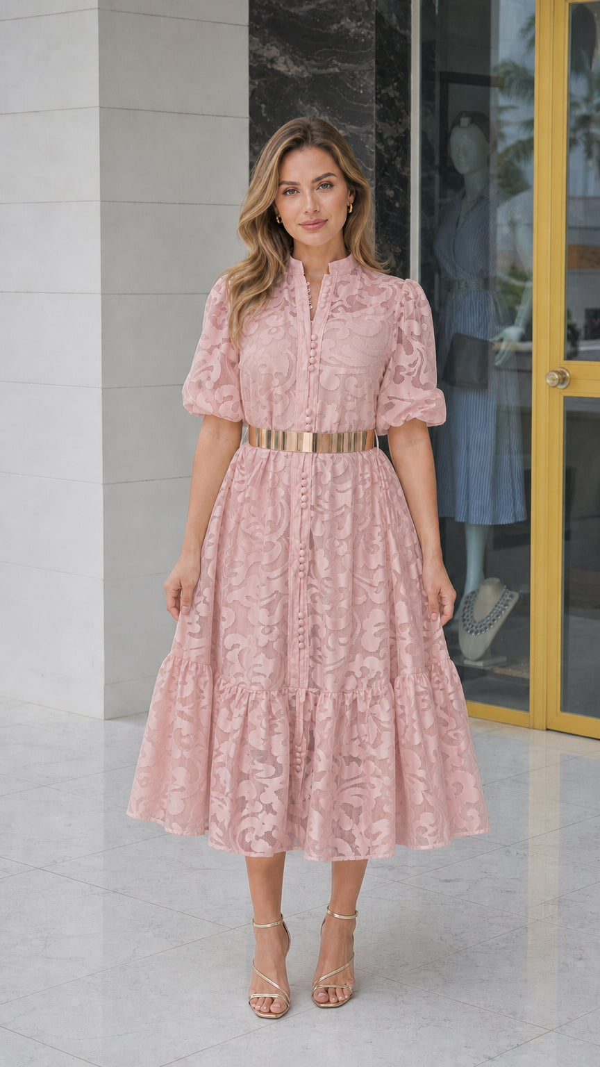 Model wearing dusty rose lace midi dress
