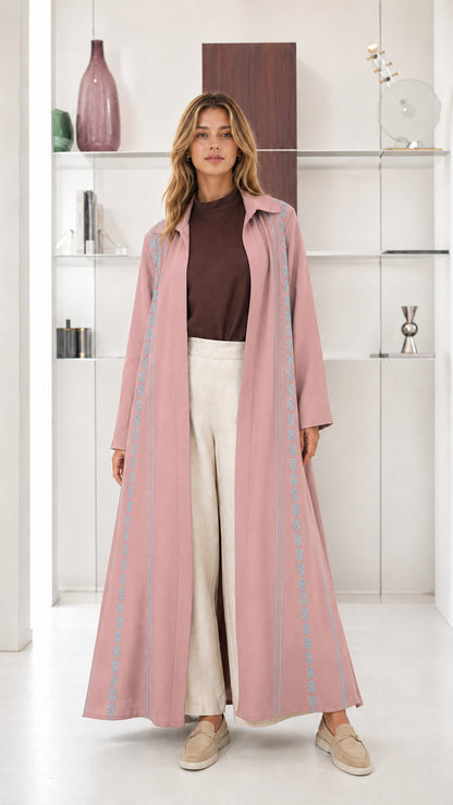 Model wearing Dusty Pink collared open front maxi abaya duster