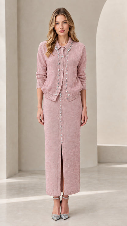 Dusty pink rhinestone embellished knit cardigan and maxi skirt set