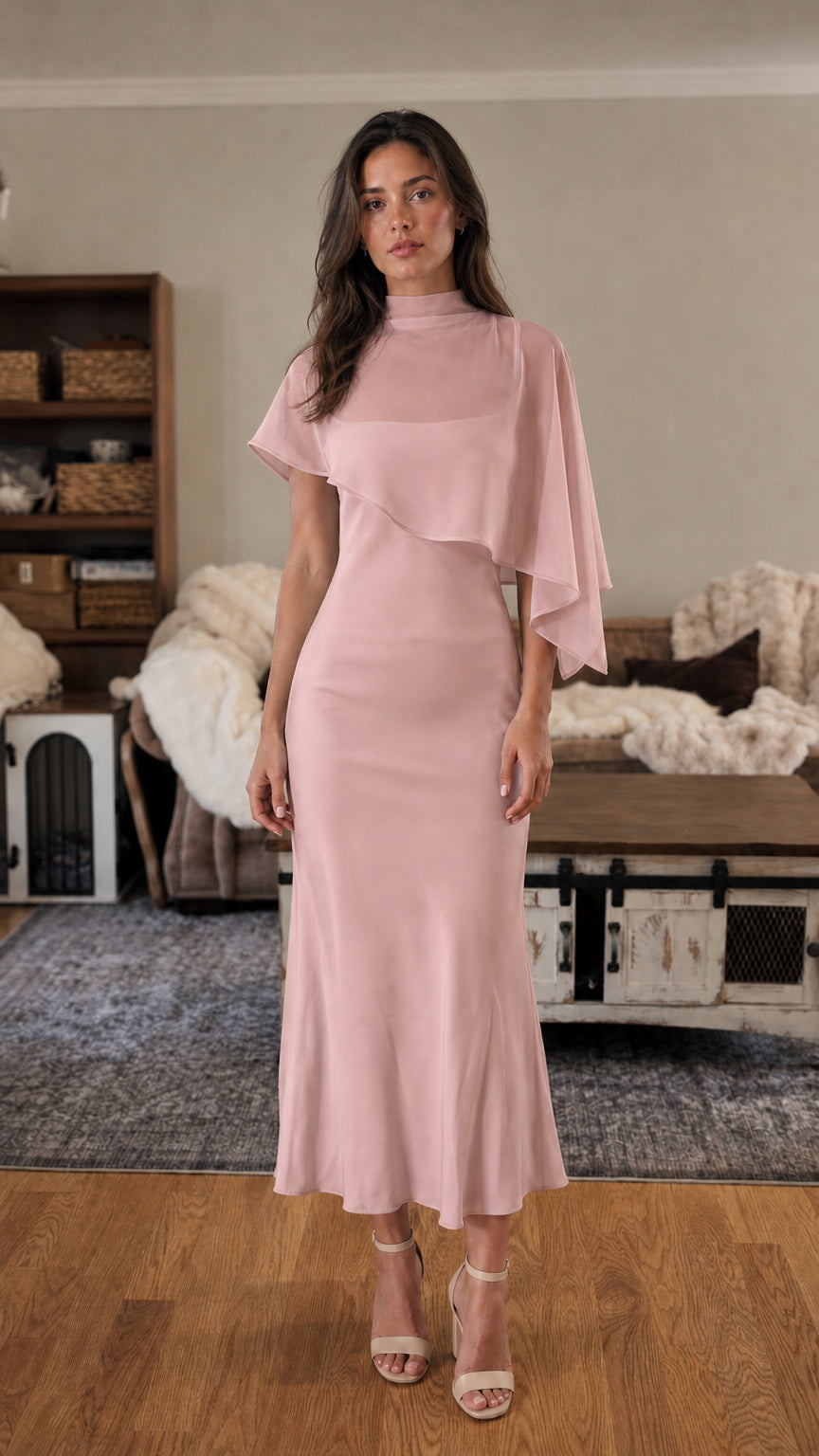 Front view of pink mock neck cape sleeve midi dress