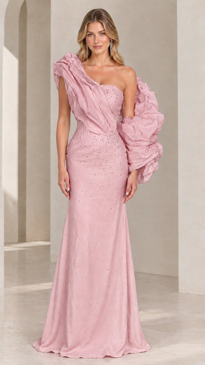 Blush pink embellished one-shoulder maxi gown with statement ruffle sleeve