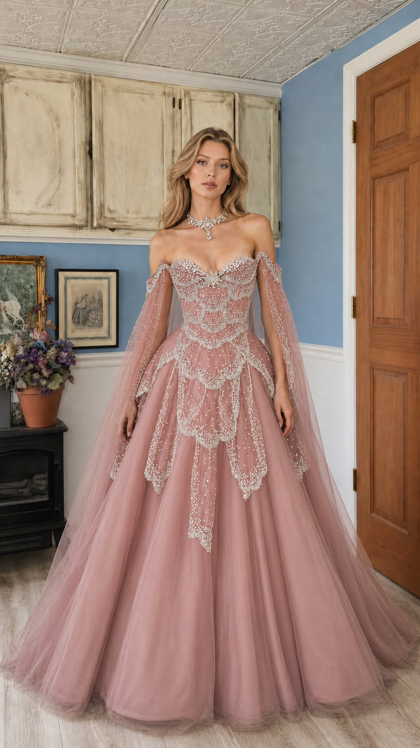 Dusty rose pink off-the-shoulder beaded tulle evening gown with cape sleeves