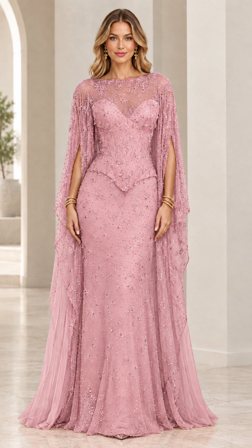 Dusty Pink beaded cape sleeve formal gown on model