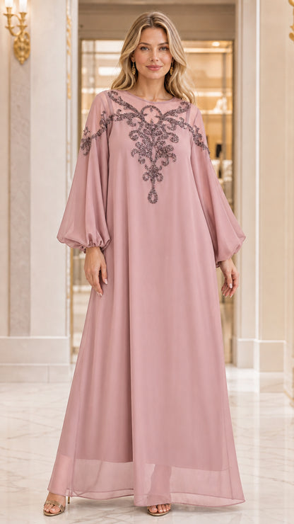 Full-length front view of woman wearing Dusty Rose beaded chiffon maxi dress