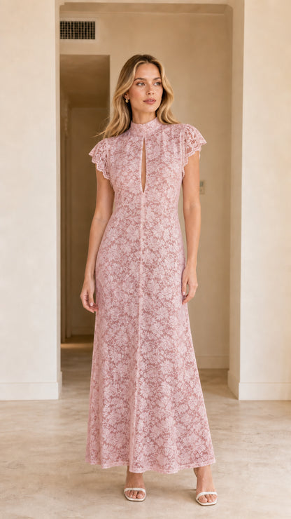 Model wearing dusty pink floral lace keyhole maxi dress