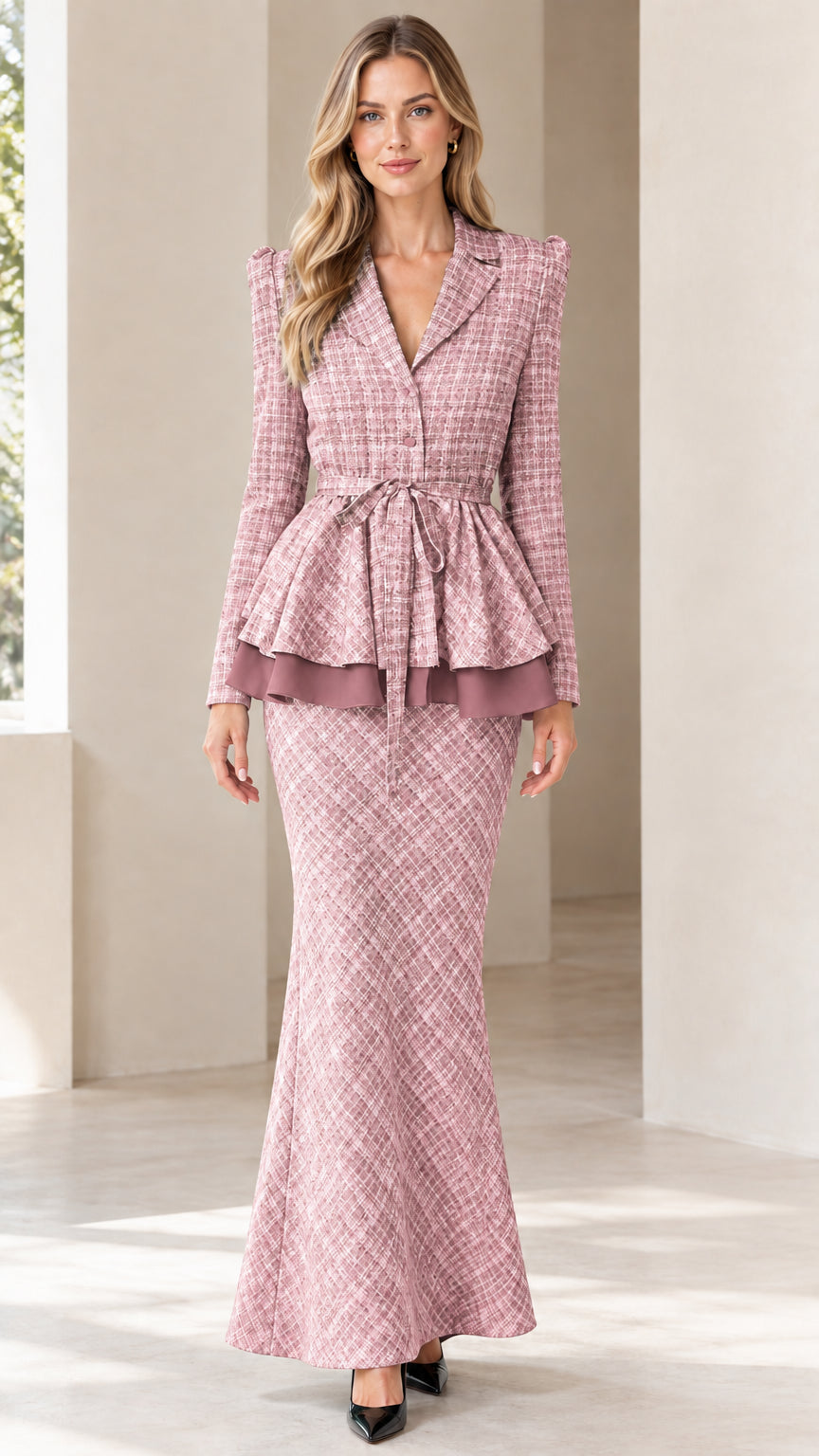 Front view of woman wearing dusty pink tweed peplum blazer and matching maxi skirt set