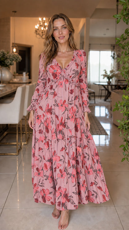 Front view of pink floral long sleeve tiered maxi dress