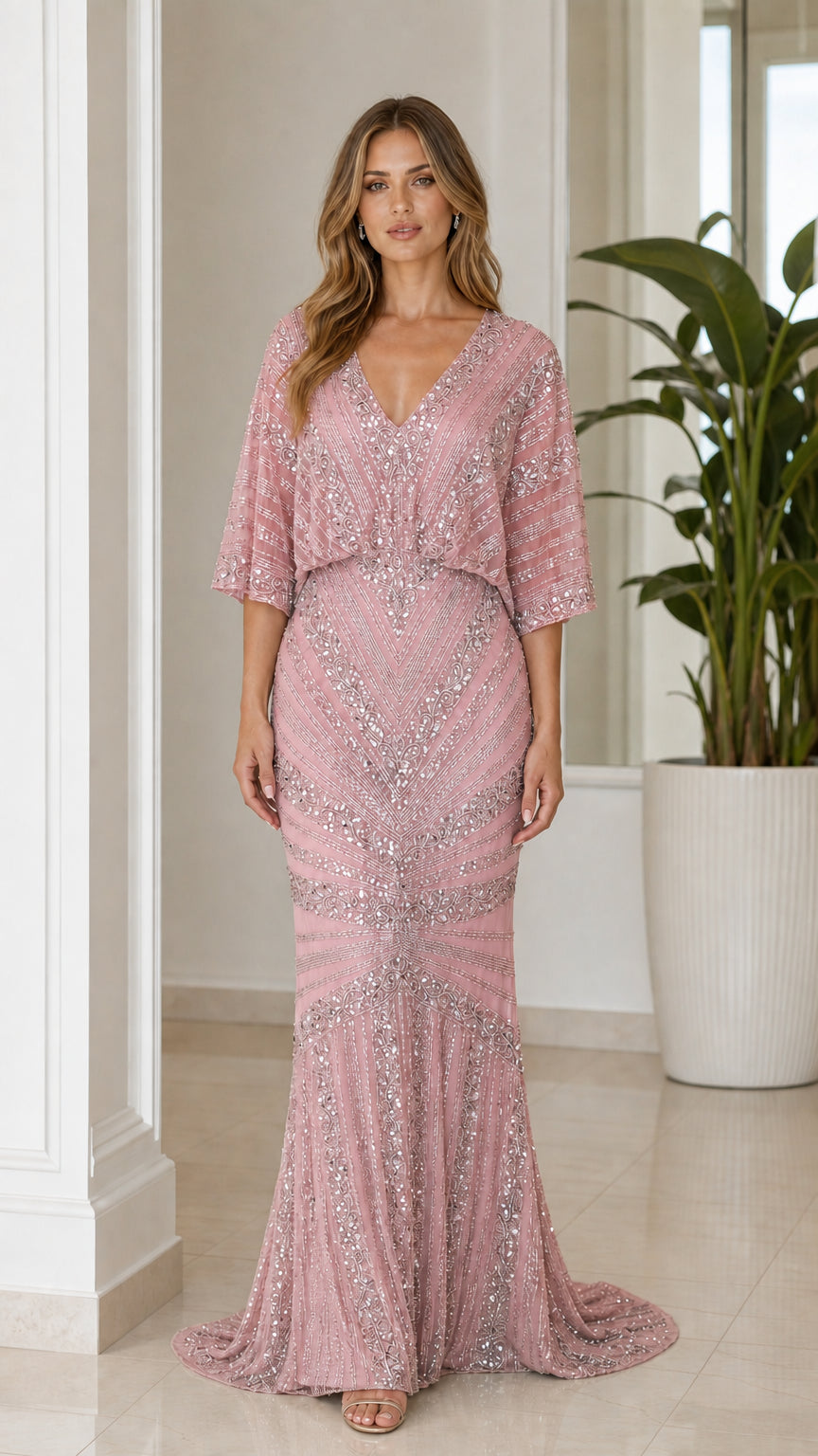 Front view of dusty rose pink beaded cape sleeve formal gown