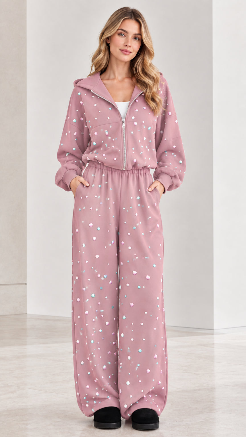 Front view of dusty pink rhinestone zip-up hooded wide leg jumpsuit