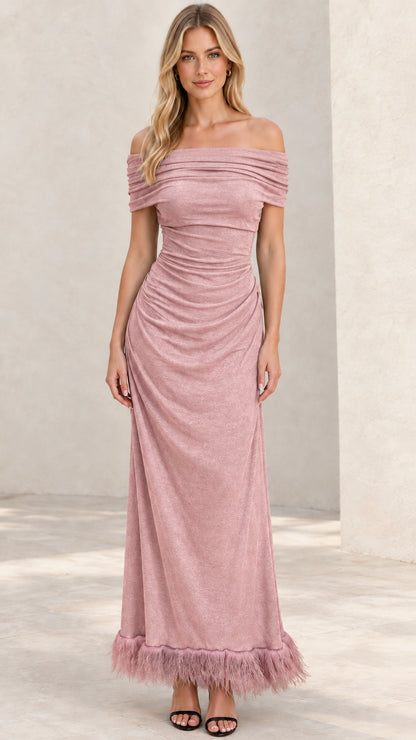 Dusty rose off-the-shoulder ruched evening gown with feather trim
