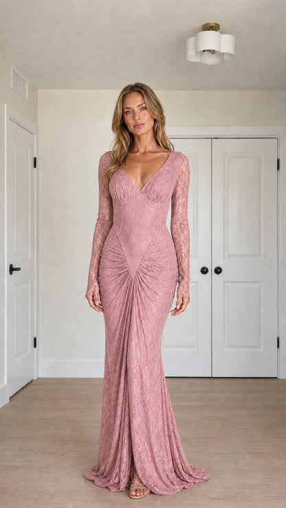 Front view of dusty pink floral lace long sleeve evening gown