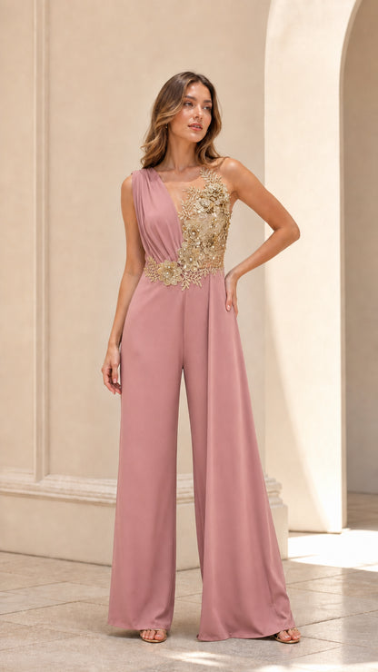Front view of dusty pink wide-leg evening jumpsuit with gold floral embroidered bodice