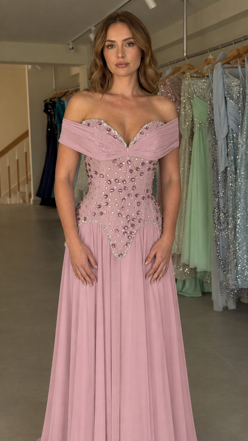 Dusty rose off-the-shoulder embellished chiffon evening gown