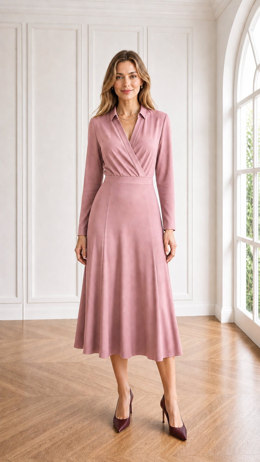 Dusty pink collared wrap long sleeve midi dress on model