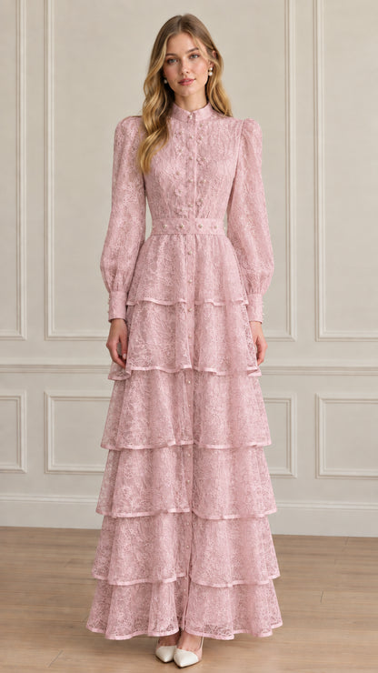 Model in dusty pink high neck tiered lace maxi dress with long sleeves