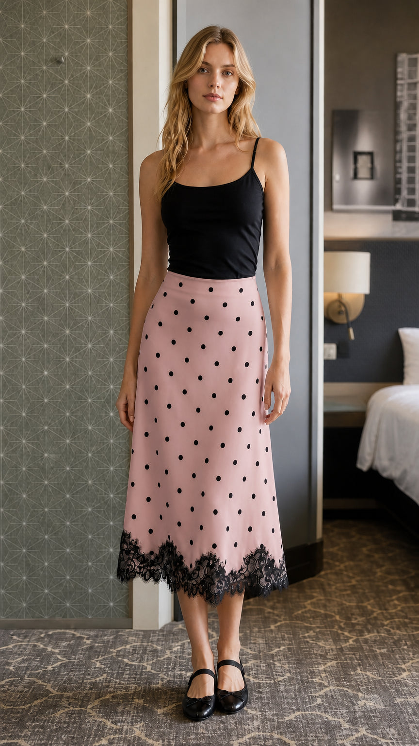 Front view of model in pink polka dot midi skirt with lace hem