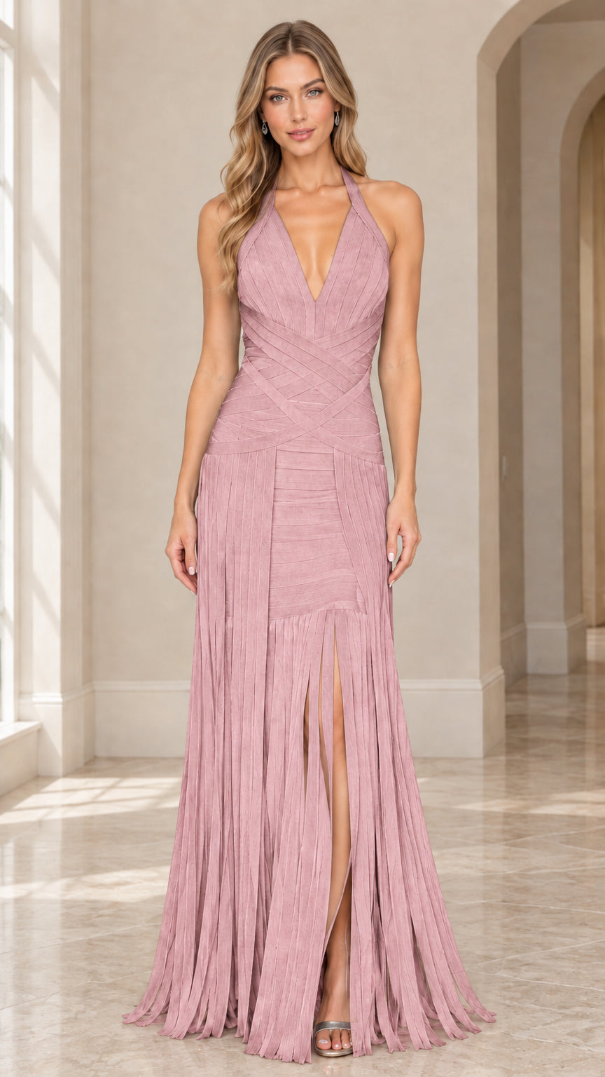 Front view of dusty pink halter neck bandage fringe maxi evening gown