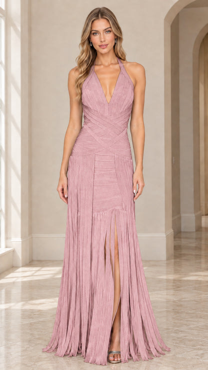 Front view of dusty pink halter neck bandage fringe maxi evening gown