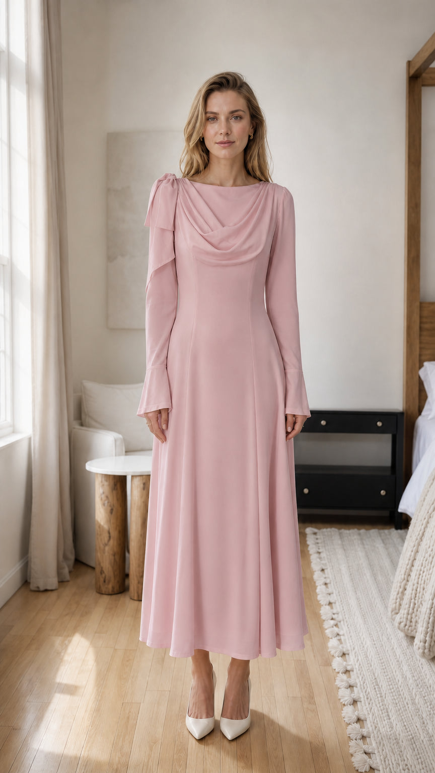 Front view of model wearing pink cowl neck midi dress