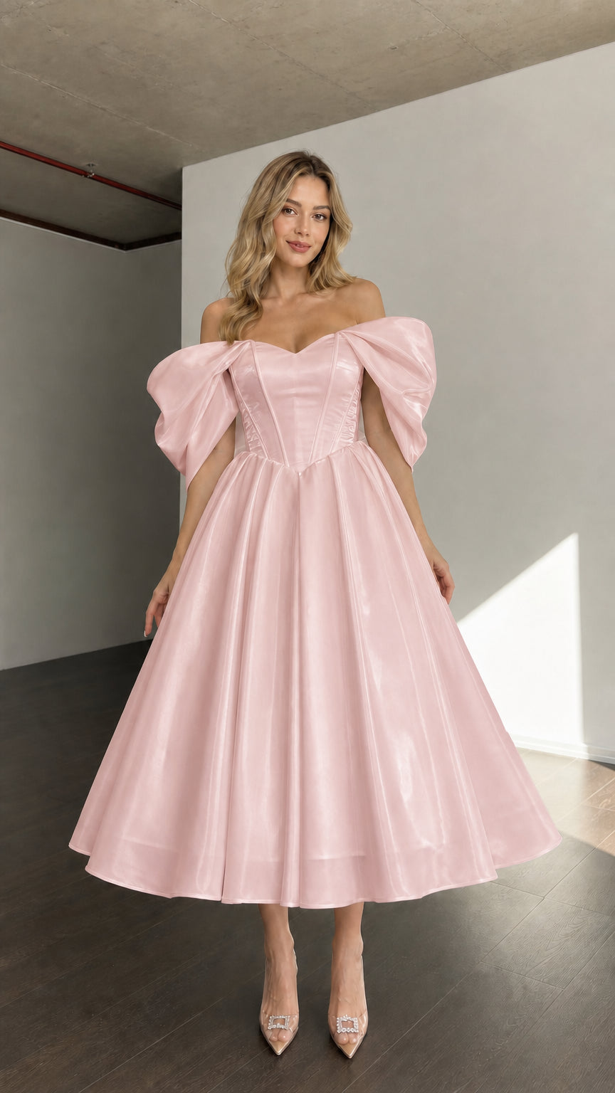 Front view of woman wearing pink off-shoulder corset midi dress
