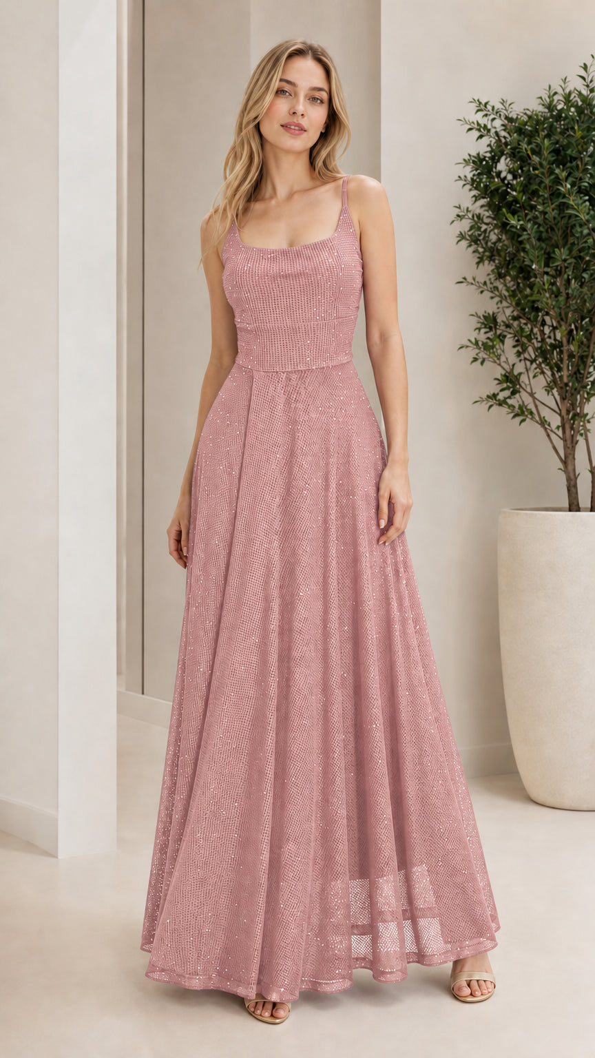 Model wearing pink sparkle formal evening dress