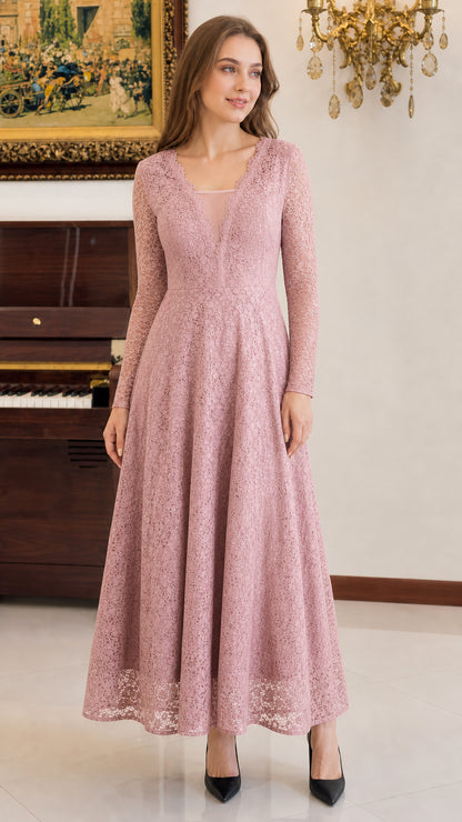Front view of woman wearing dusty pink floral lace long sleeve maxi dress