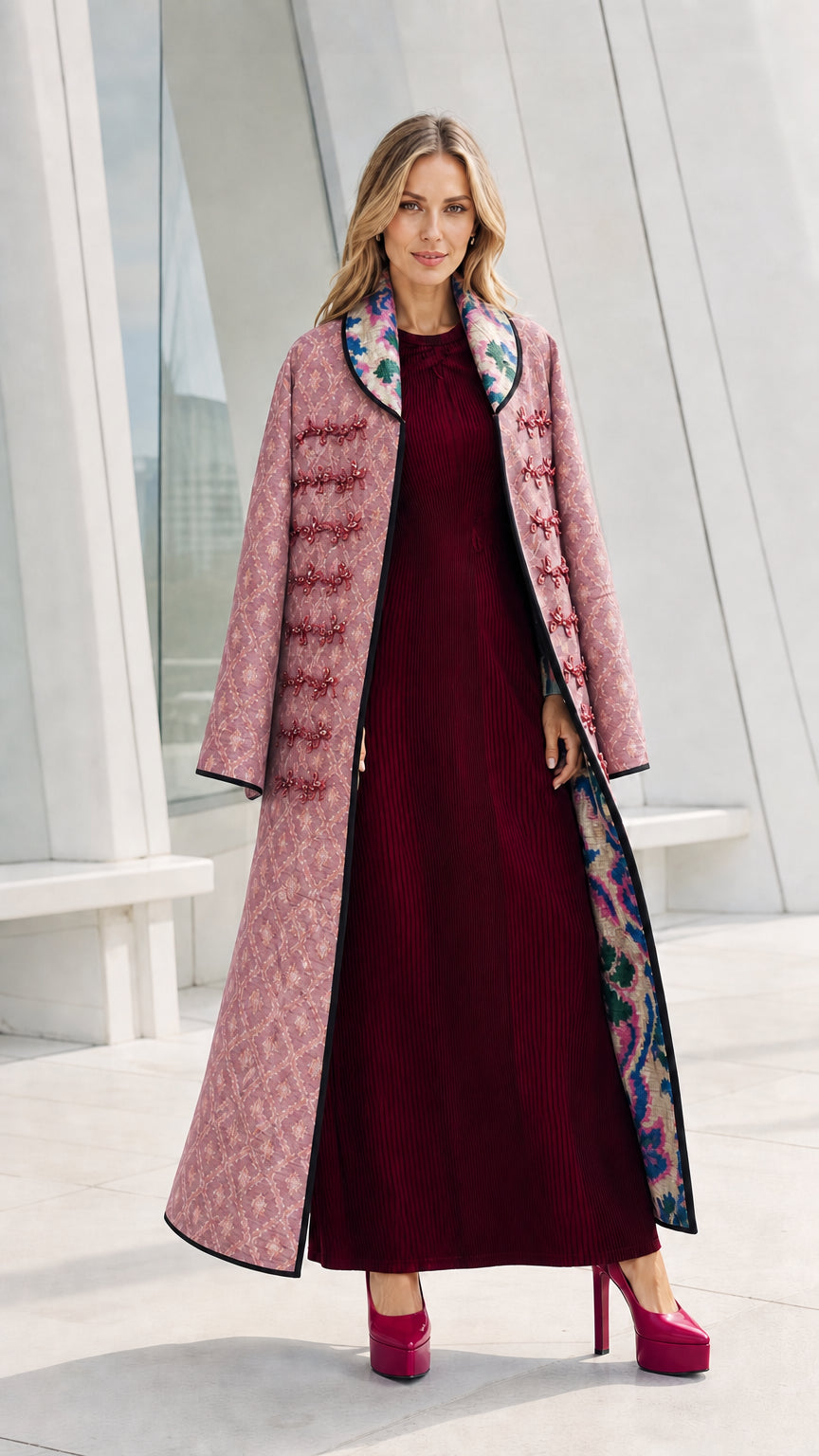 Model wearing the pink variant of the quilted long coat