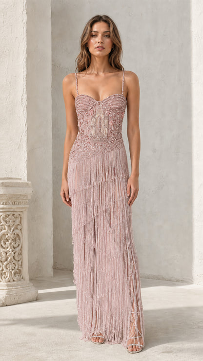 Front view of pink beaded fringe maxi dress